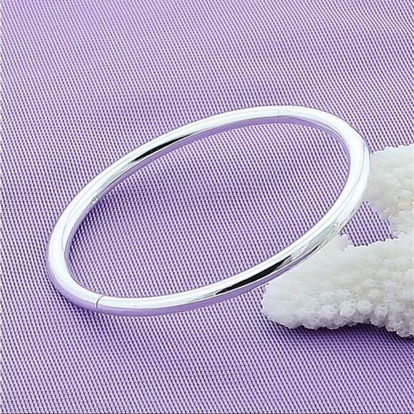 925Â SterlingâSilver Bangle Bracelet Unisex Simple Round SilverâBracelet - Picture 5 of 8